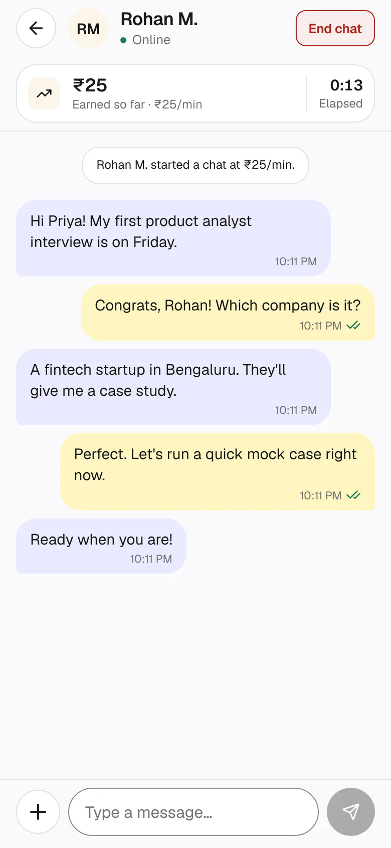 A live chat with a follower, Rohan, about an interview, with ₹25 earned so far at ₹25 a minute.